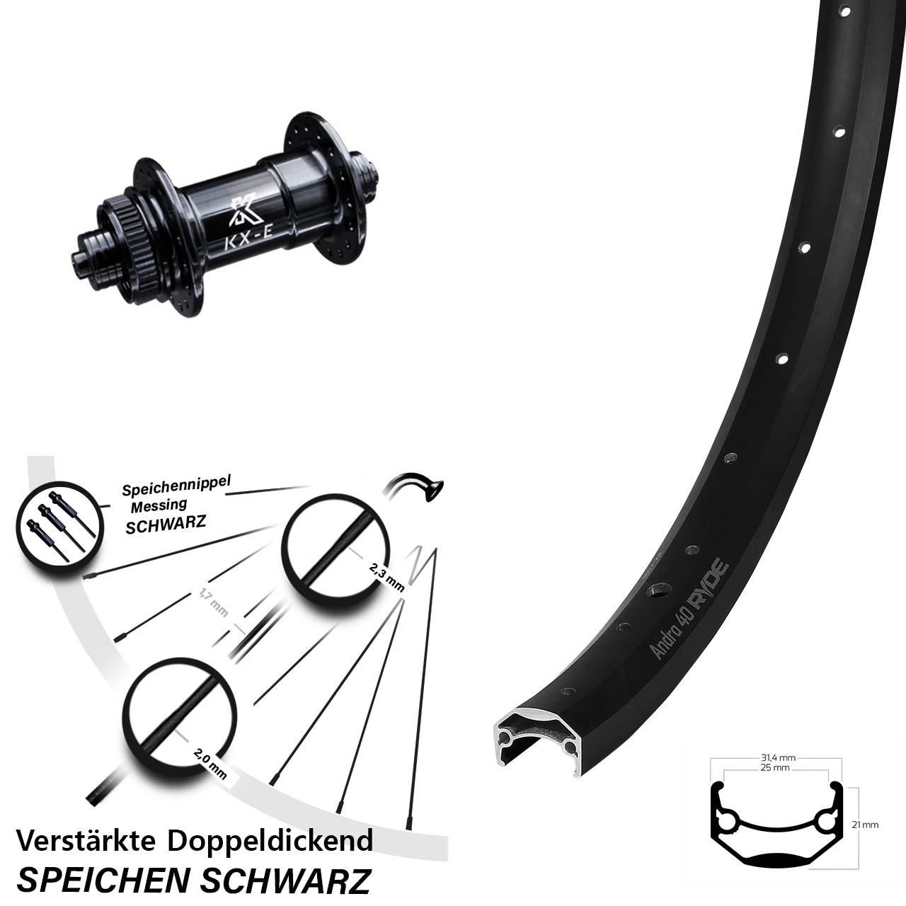 Ryde Andra 40 Disc Vorderrad E-Bike 28-29 Zoll mit KX-E Nabe 5x100 mm Schnellspanner