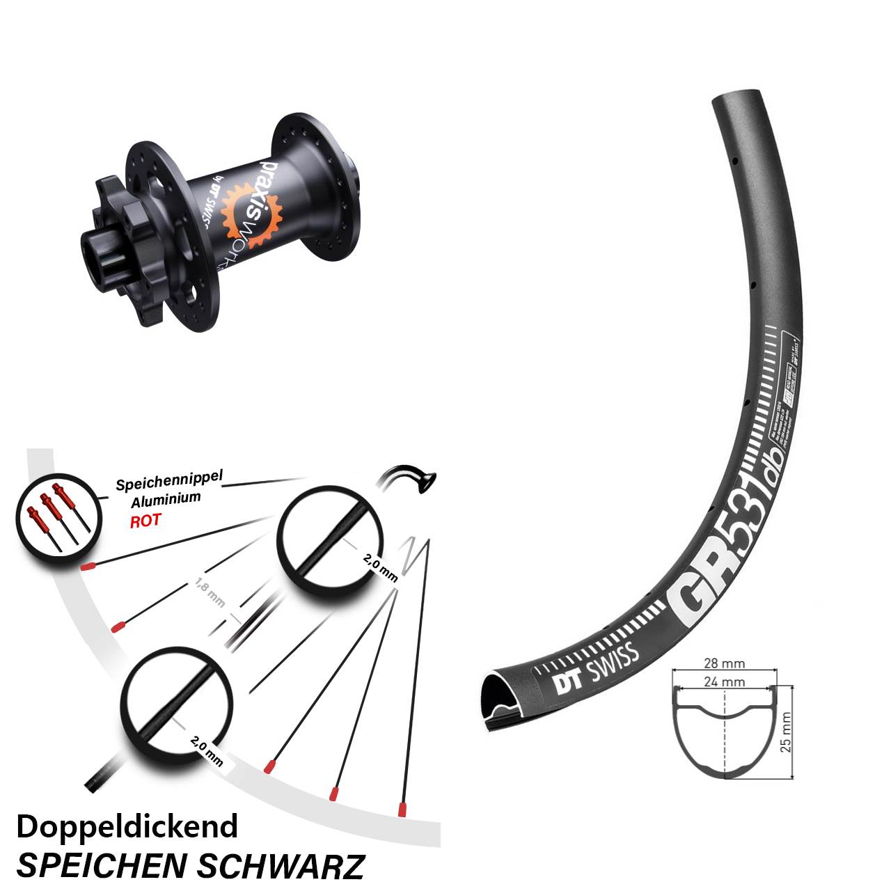DT Swiss GR 531 Vorderrad 6-Loch 28 Zoll 350 Nabe Steckachse 12x100 mm
