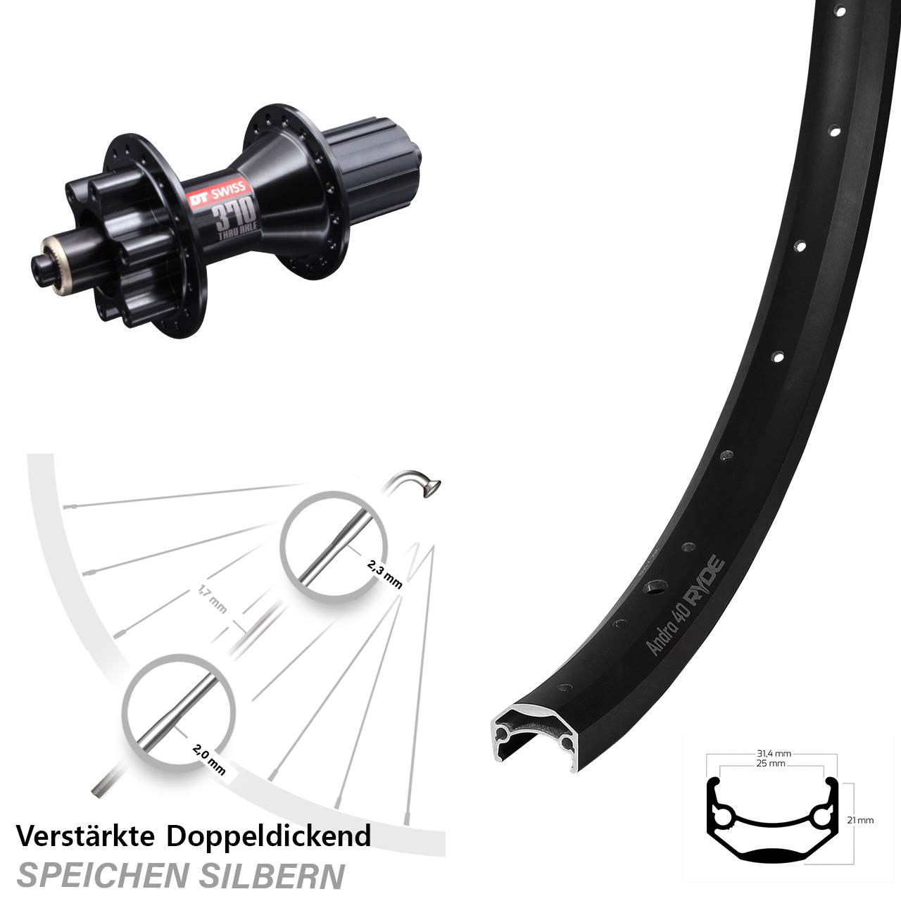 Ryde Andra 40 DT Swiss 370 Hybrid 20 Zoll Disc Hinterrad QR 8-11 fach