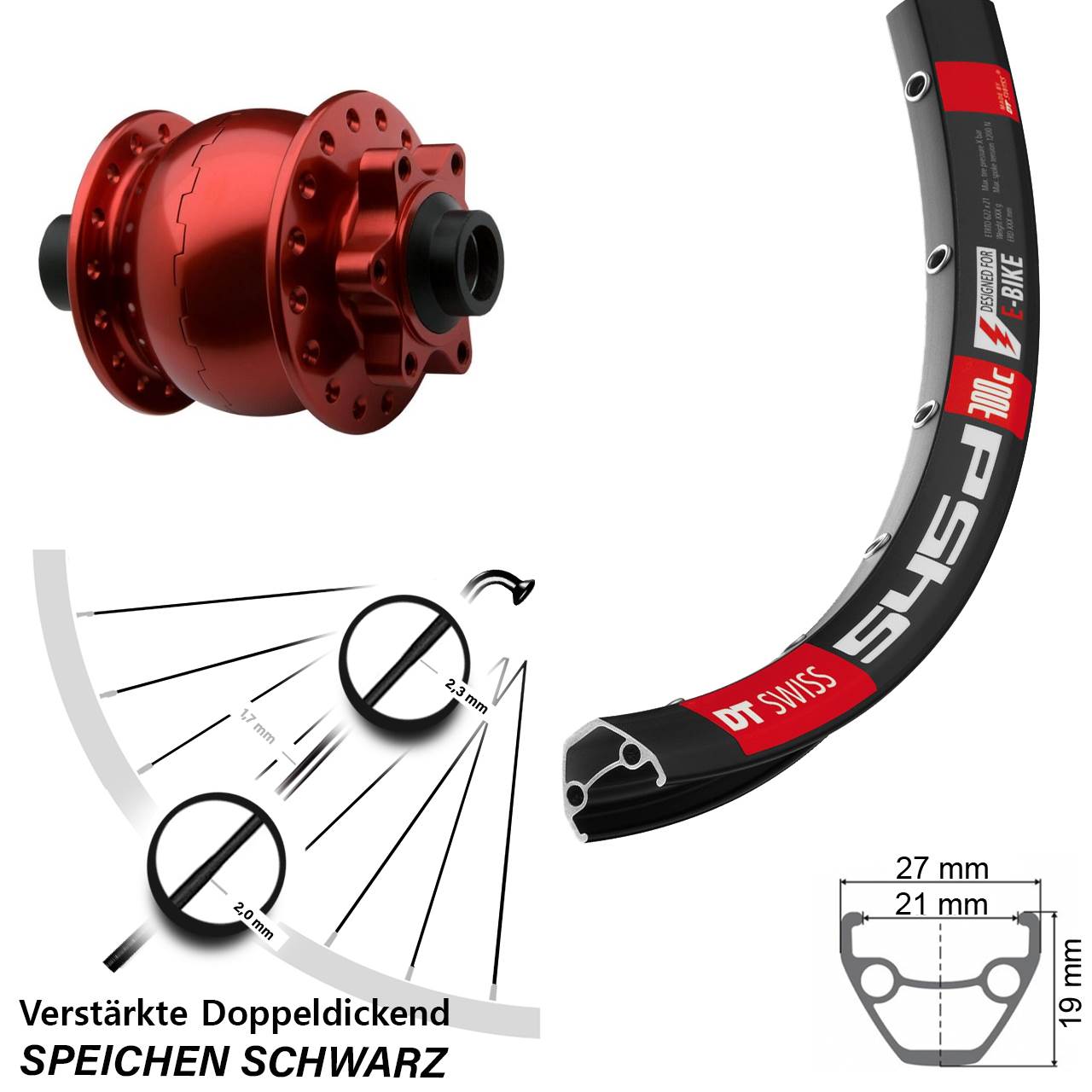 Vorderrad 28 Zoll DT Swiss 545D SON 28 15x100 6-Loch rot eloxiert