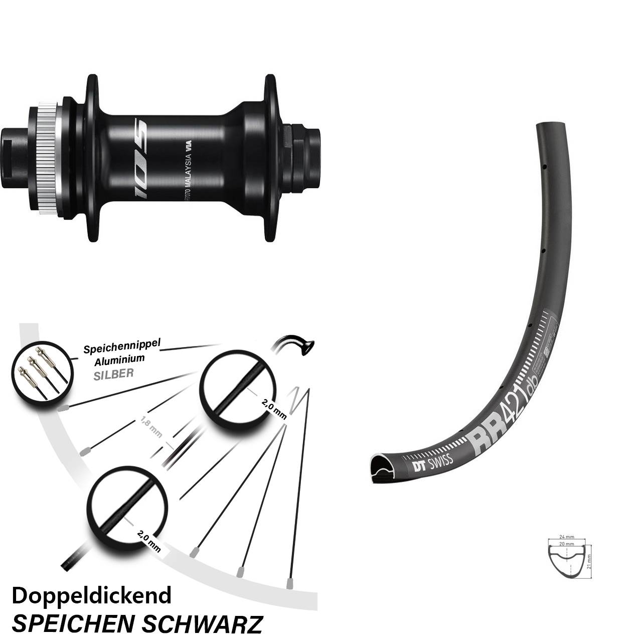 Vorderrad 28 Zoll DT Swiss RR 421 Shimano 105 Nabe 12x100 mm Steckachse