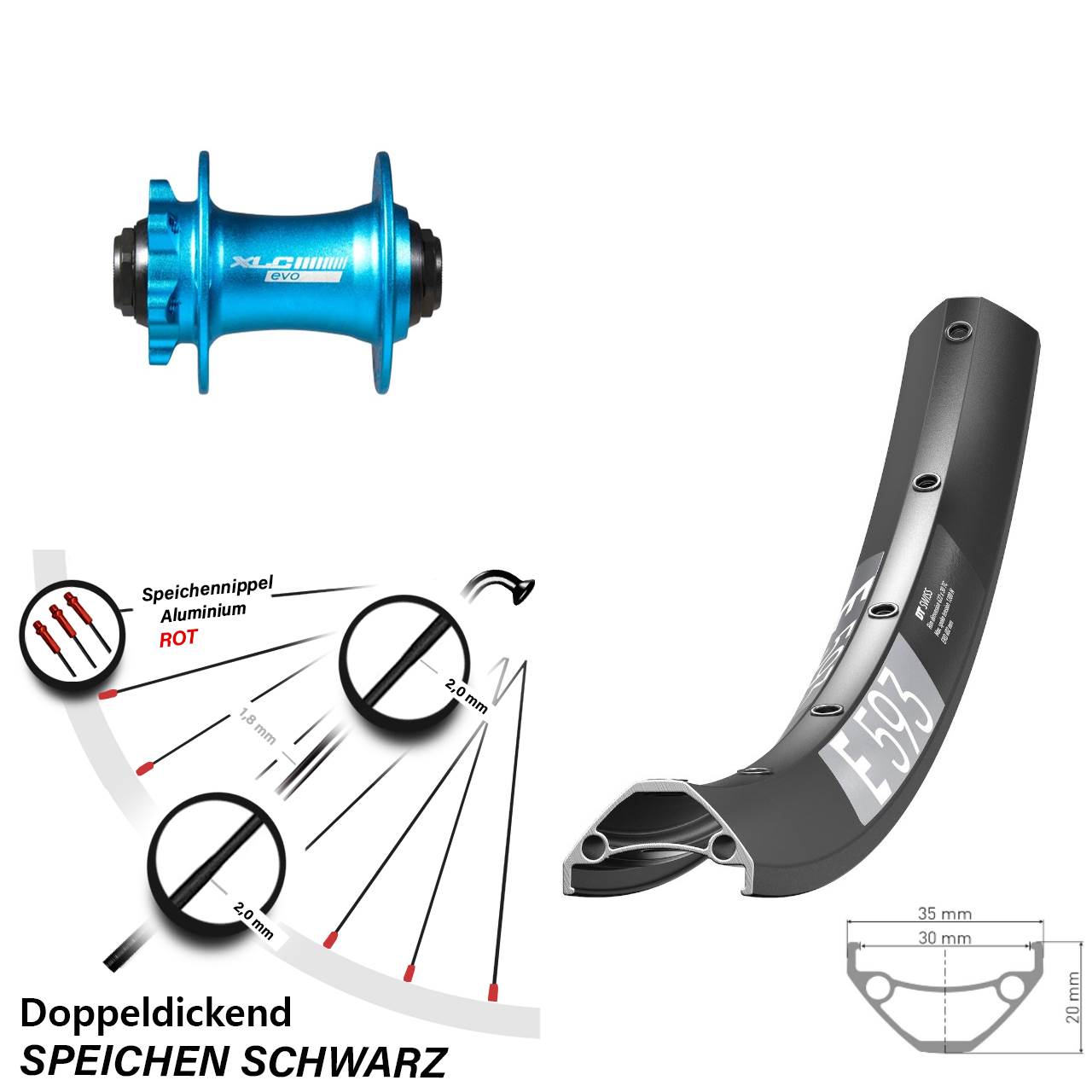 Vorderrad 6-Loch 29 Zoll DT Swiss E593 XLC blau 15x100