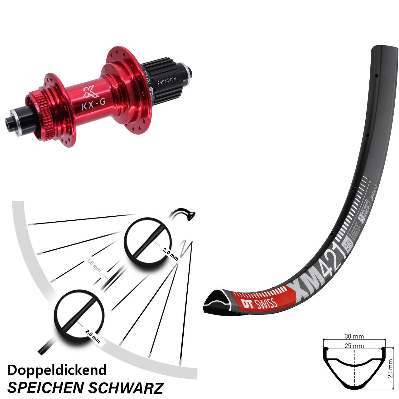 Hinterrad Centerlock für Schnellspanner 29 Zoll DT Swiss XM 421 KX-G rot Micro Spline