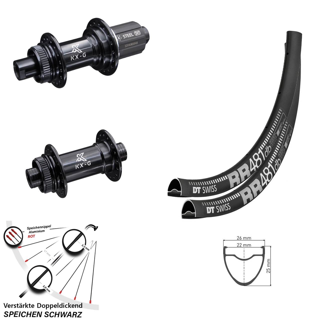 Road Disc 28 Zoll Laufradsatz DT Swiss RR481 Steckachse KX-GS Disc verstärkt 8-12 fach