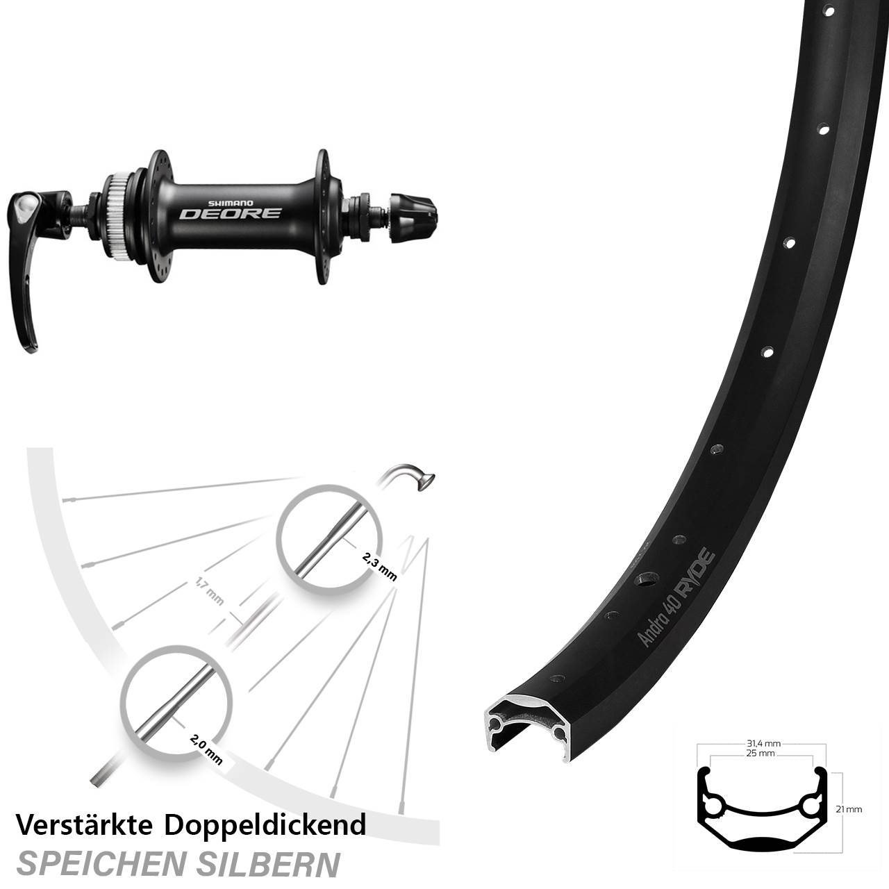 Ryde Andra 40 Disc Shimano Deore HB-M6000 28-29 Zoll Vorderrad für Schnellspanner
