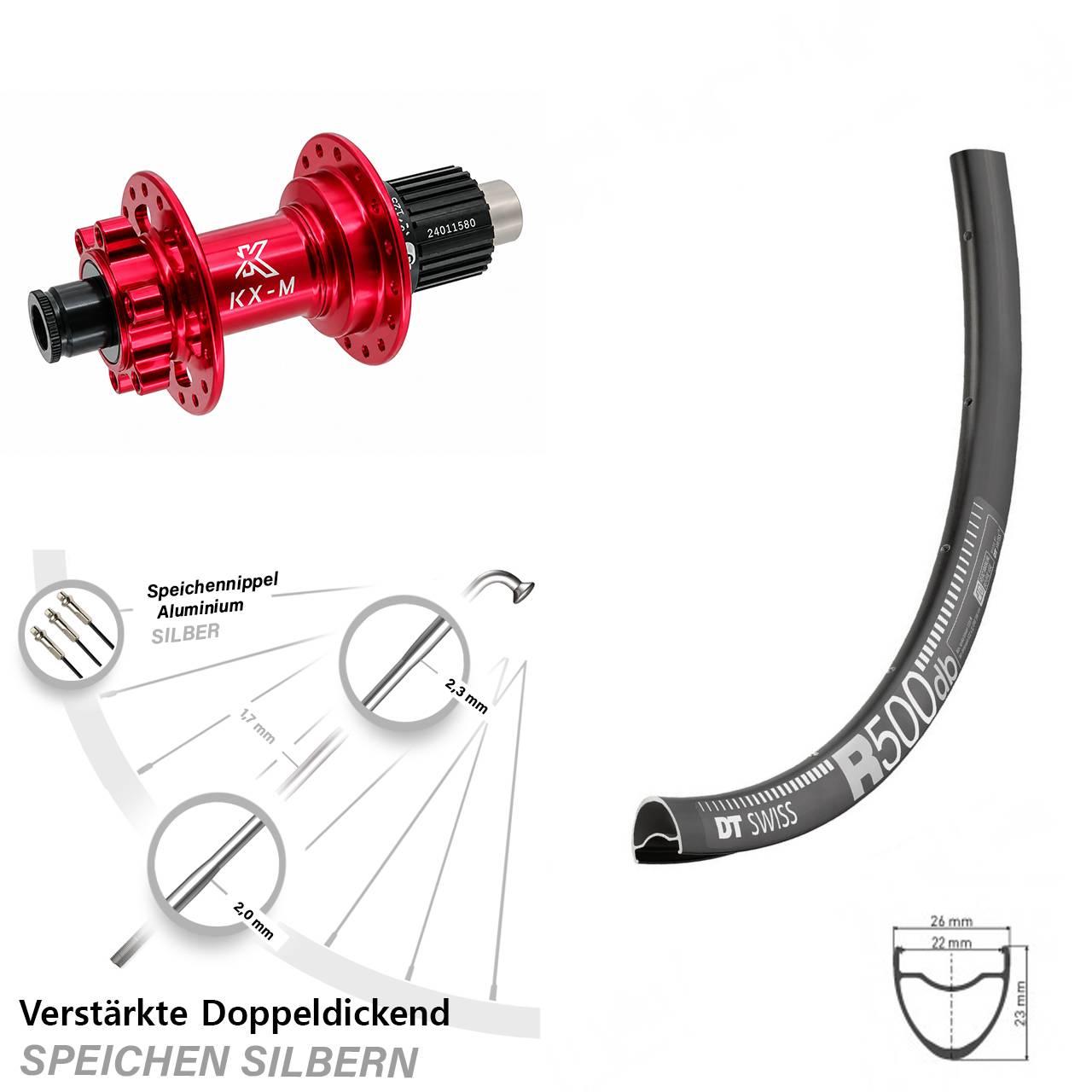 6-Loch Hinterrad 29 Zoll DT Swiss R 500 KX-M rot Micro Spline 12x142