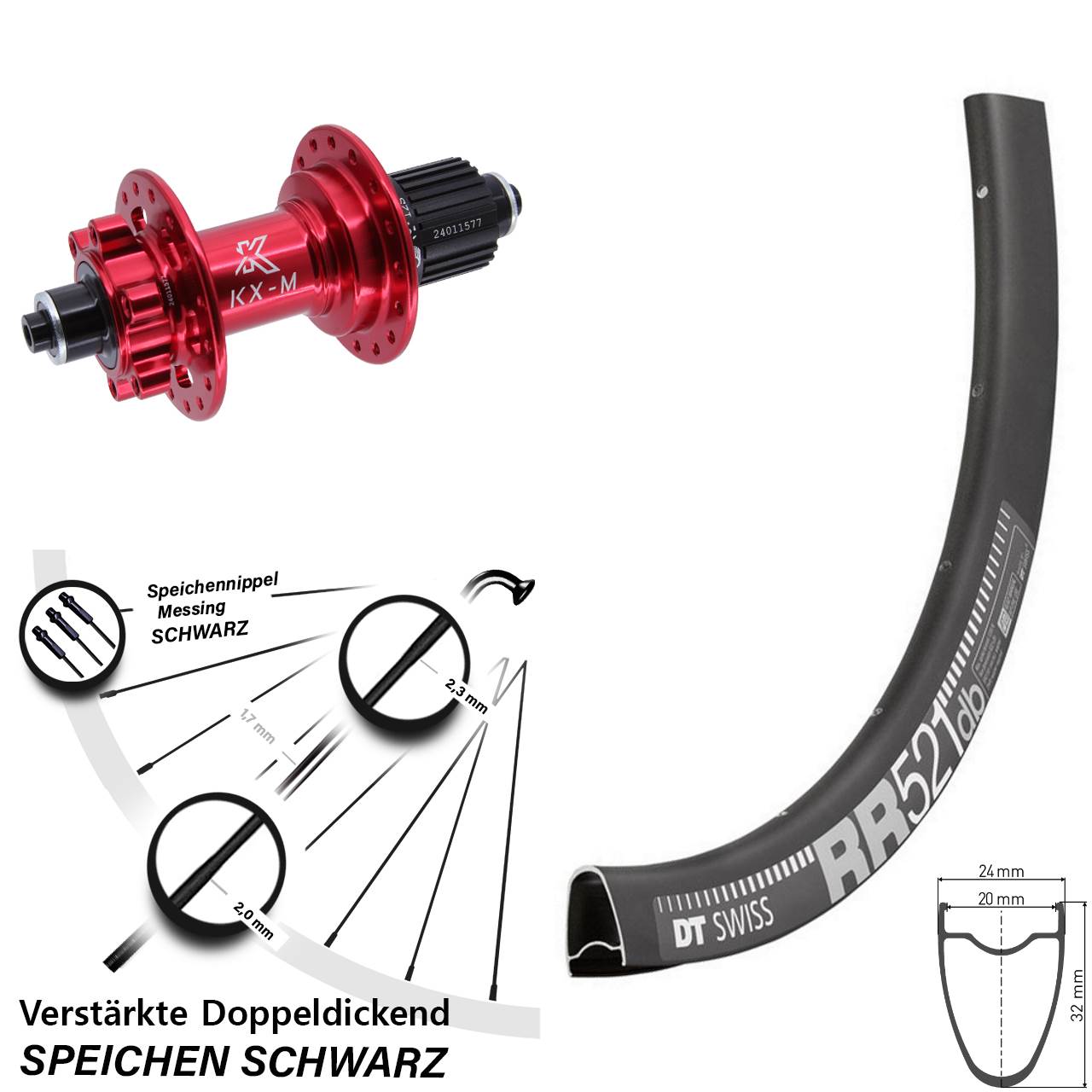 Disc Hinterrad 28 Zoll DT Swiss RR521 KX-M rot Micro Spline QR