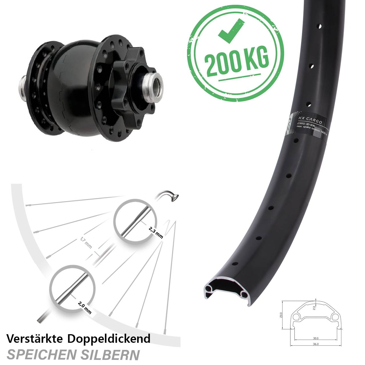 SON 28 KX Cargo 20 Zoll 6-Loch Nabendynamo-Vorderrad 12x100