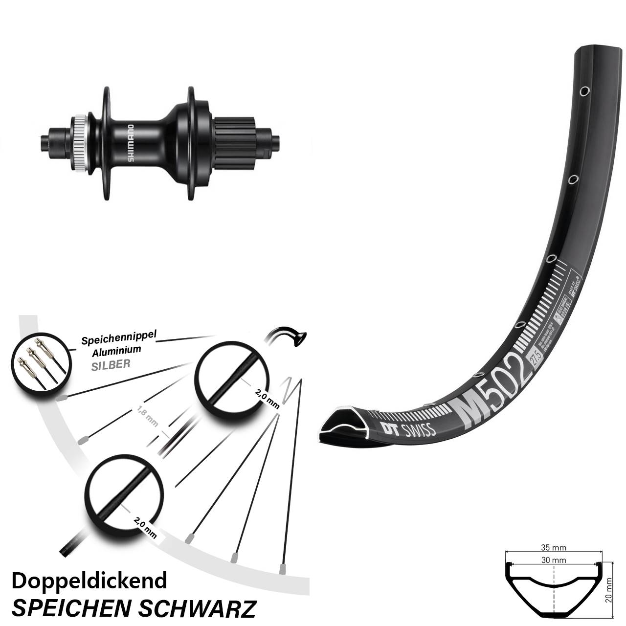 29 Zoll DT Swiss M 502 Shimano FH-MT500 Disc Hinterrad QR Micro Spline