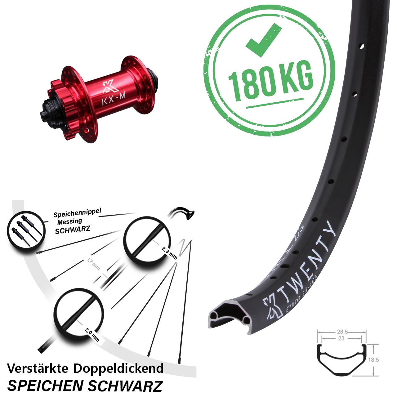 KX-M Twenty Vorderrad 20 Zoll verstärkt leicht Schnellspanner rot 6-loch Cargo