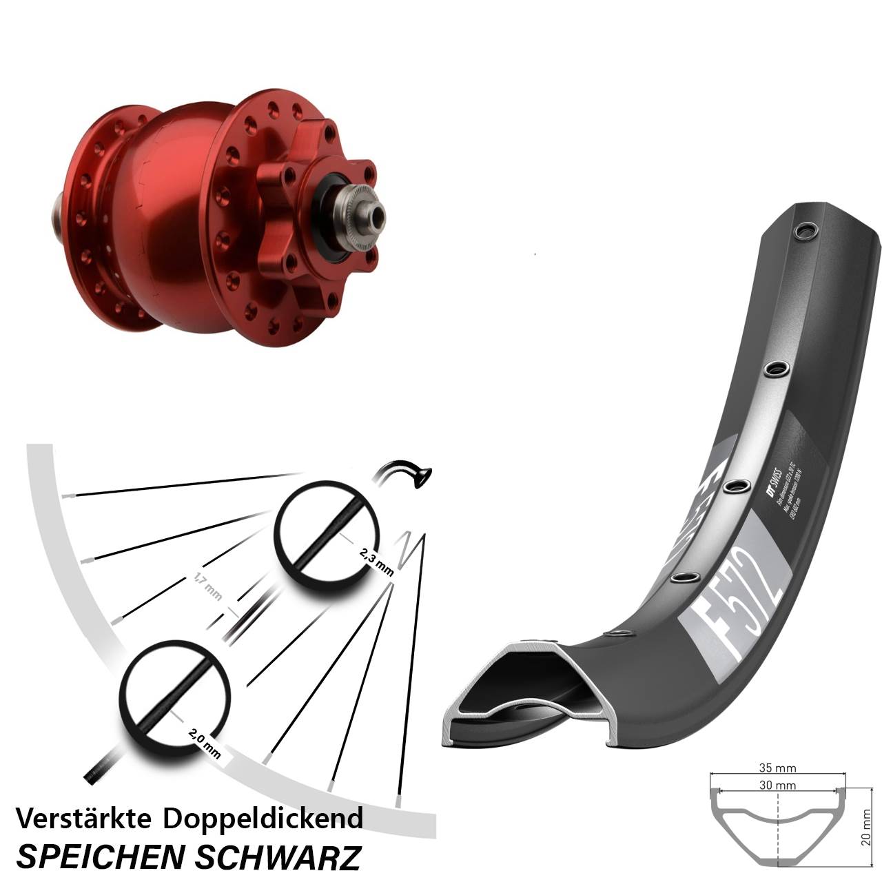 Disc Dynamo-Vorderrad QR 29 Zoll DT Swiss F572 SON 28 rot