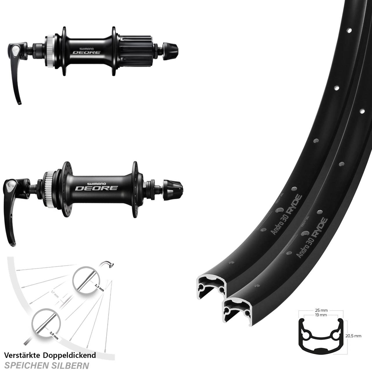 Ryde Andra 30 Disc Shimano Deore HB-M6000 FH-M6000 28 Zoll Disc Laufradsatz QR 8-11 fach