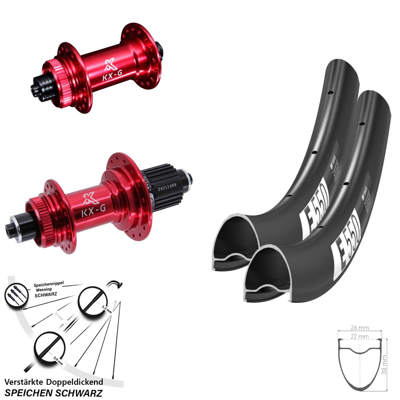 28 Zoll DT Swiss E550 KX-G rot Disc Laufradsatz für Schnellspanner Shimano Micro Spline