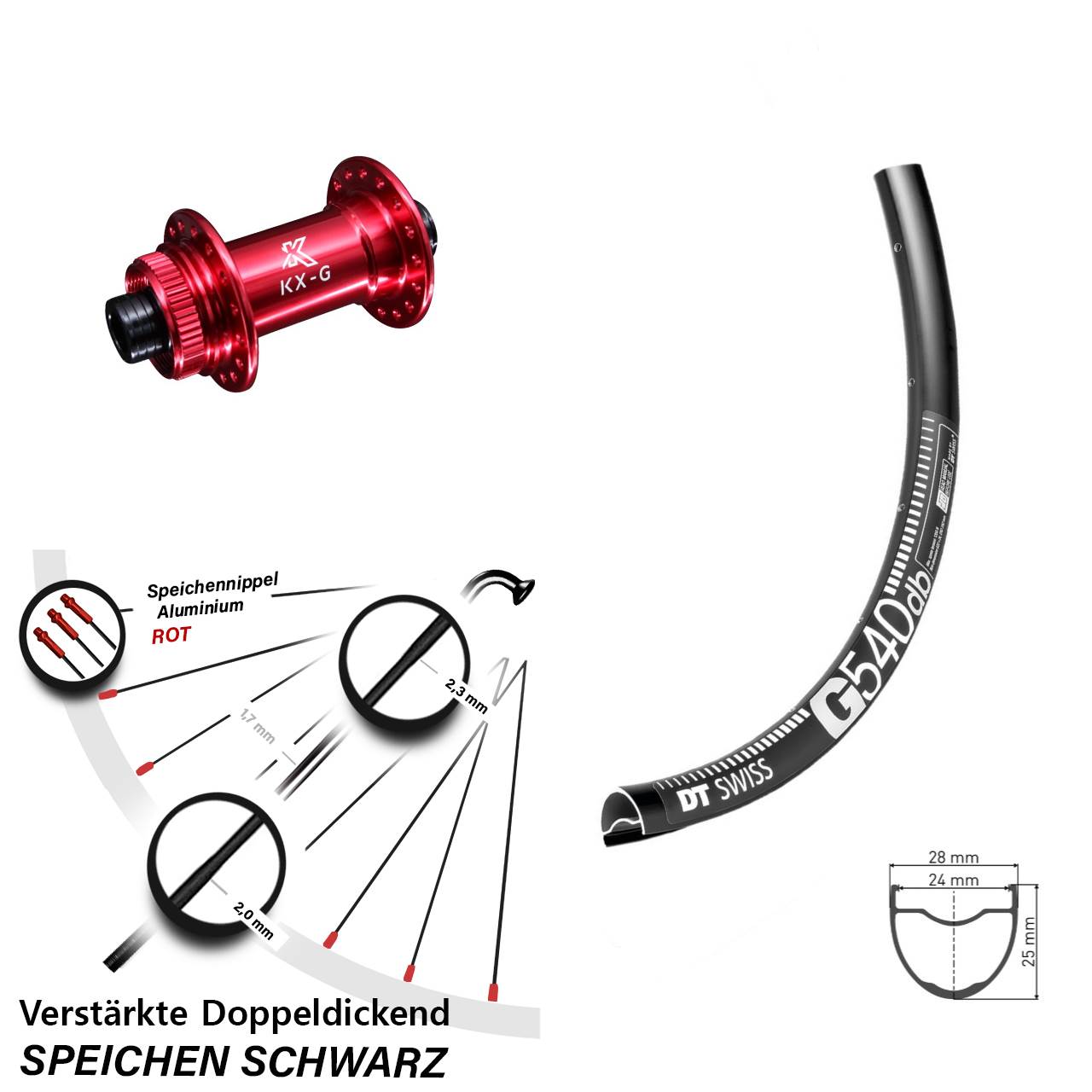 Centerlock Vorderrad 15x100 28-29 Zoll DT Swiss G 540 KX-G rot