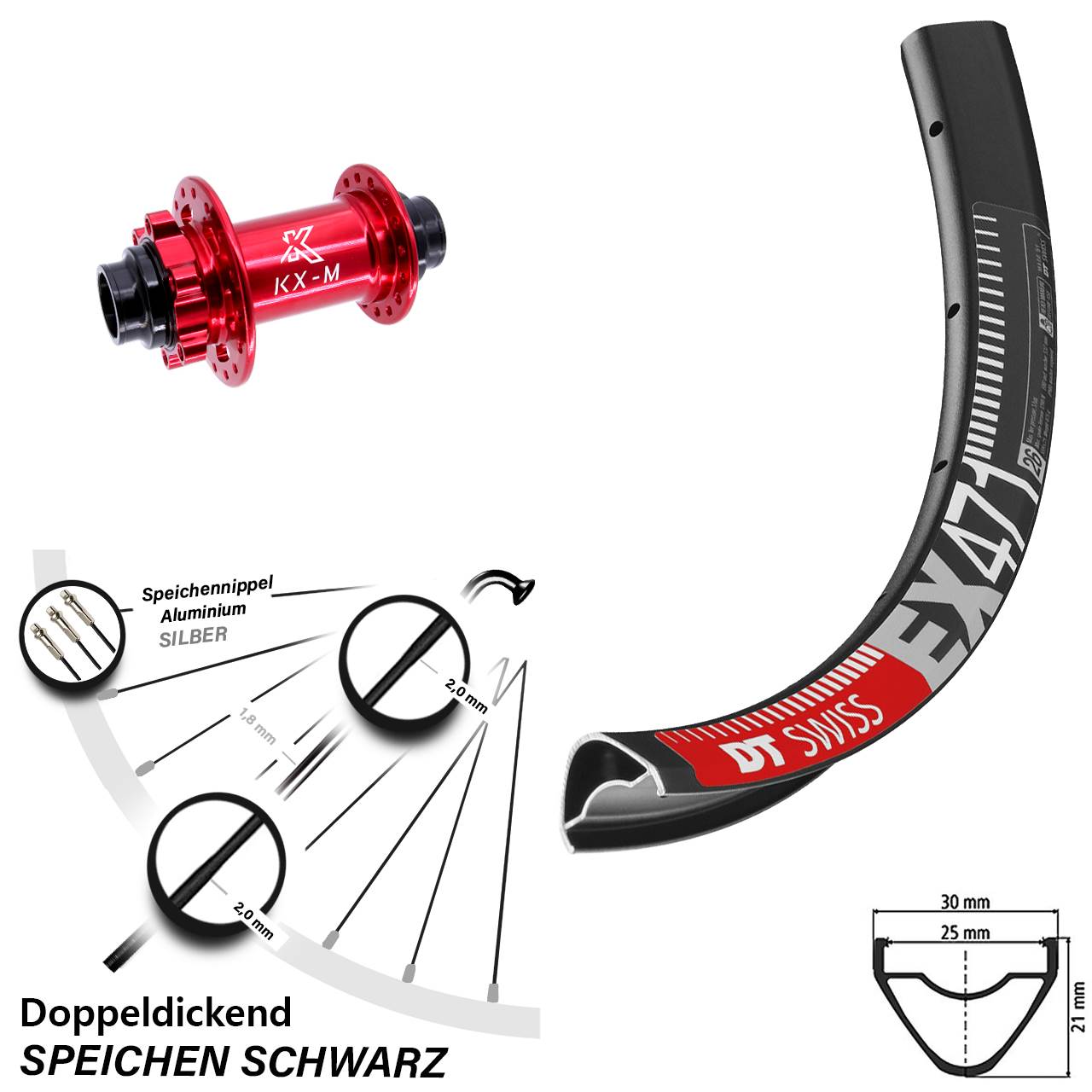26 Zoll DT Swiss EX 471 KX-M rot Vorderrad 6-Loch 20x110 non Boost