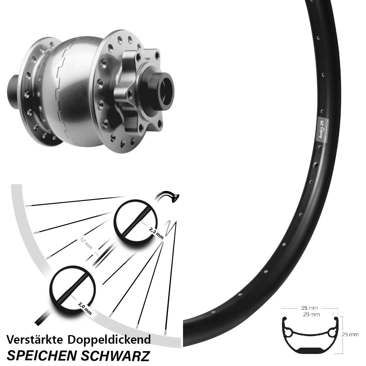 SON 28 Ryde Andra-29 29 Zoll Vorderrad mit Nabendynamo 6-Loch 15x100