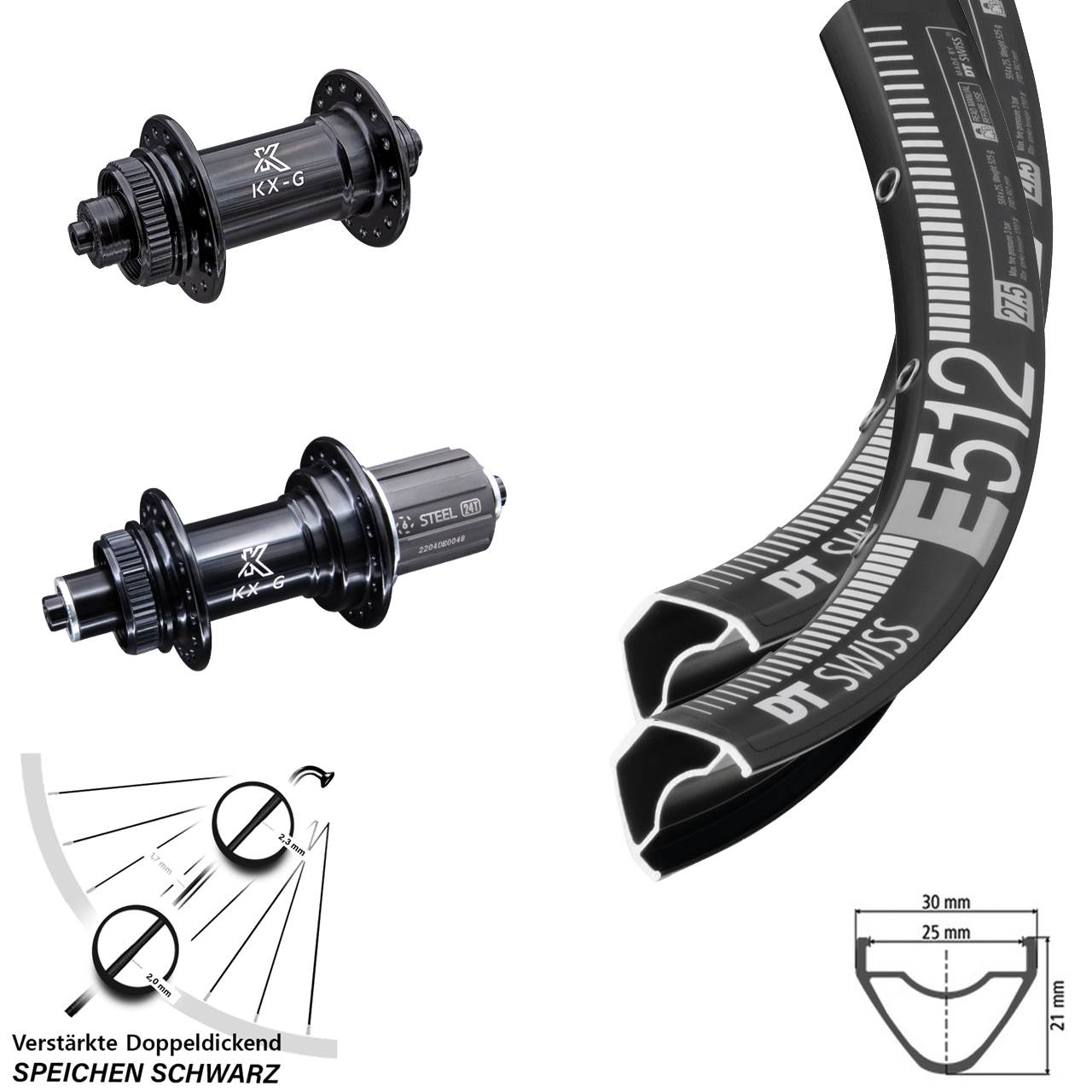 Laufradsatz für Schnellspanner 27,5 Zoll DT Swiss E 512 KX-GS 8-12 fach HG
