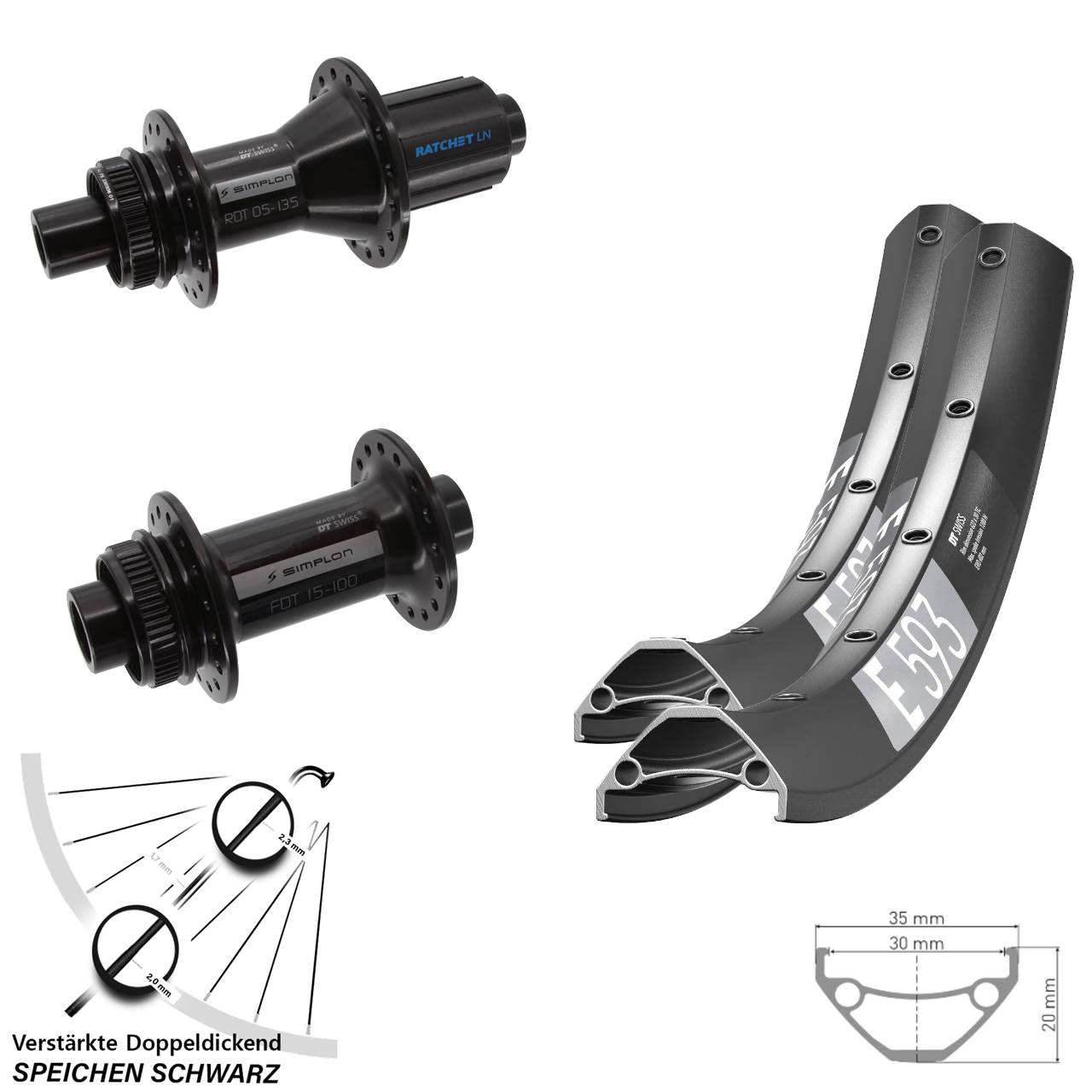 29 Zoll DT Swiss E593 370 Hybrid Laufradsatz Centerlock 15x100 12x142 8-11 fach HG