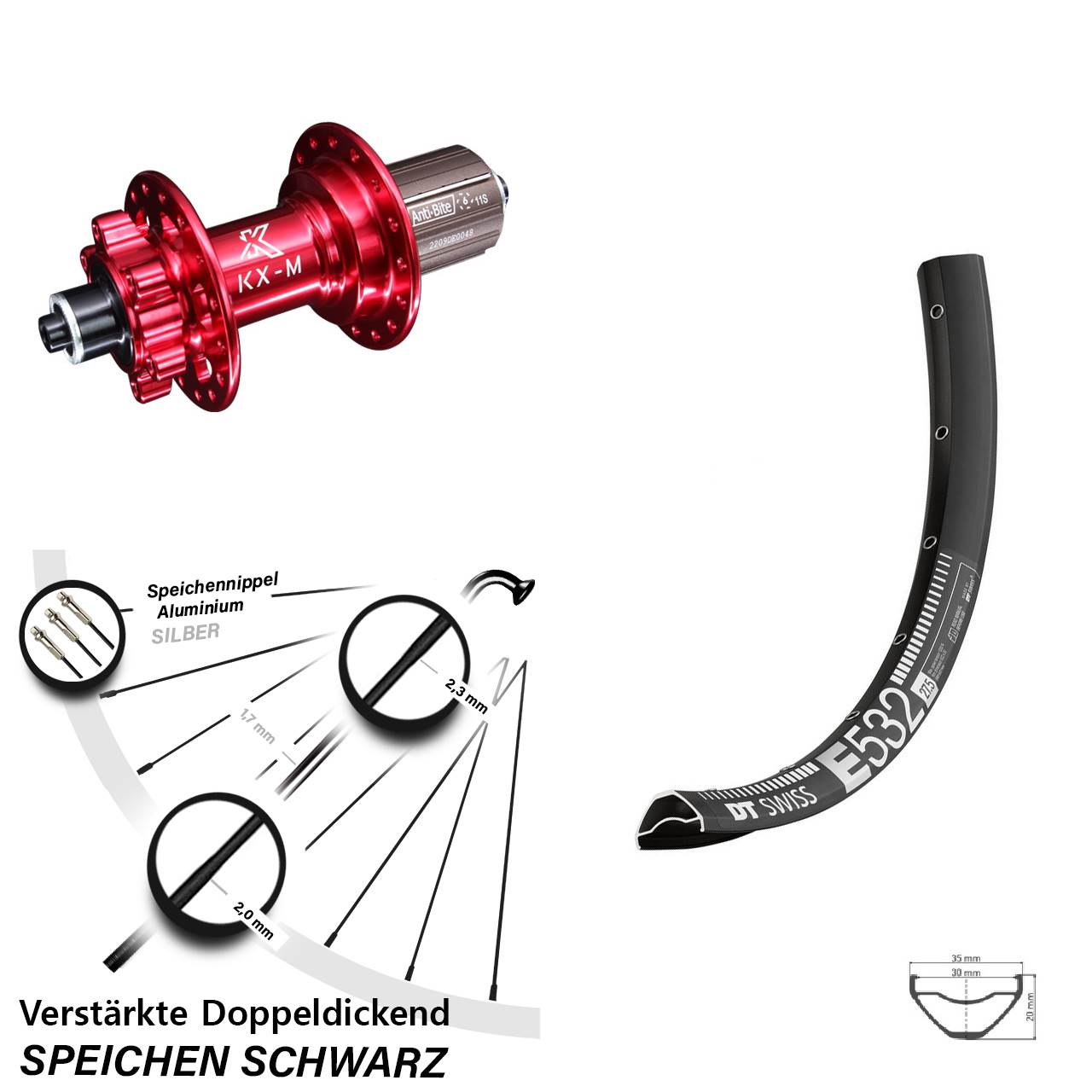 Disc Laufrad 29 Zoll DT Swiss E532 KX-M rot 8-12 fach für Schnellspanner