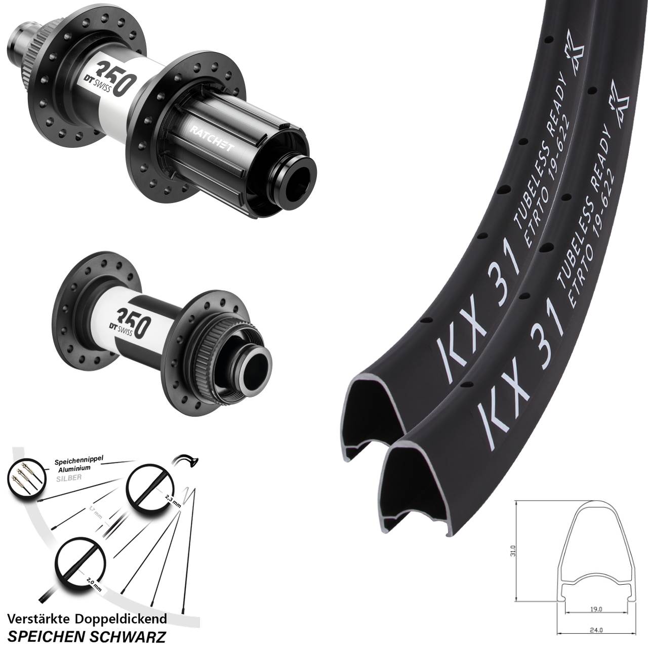 28 Zoll KX31 DT Swiss 350 Disc Laufradsatz 15x100 12x142 11-12 fach