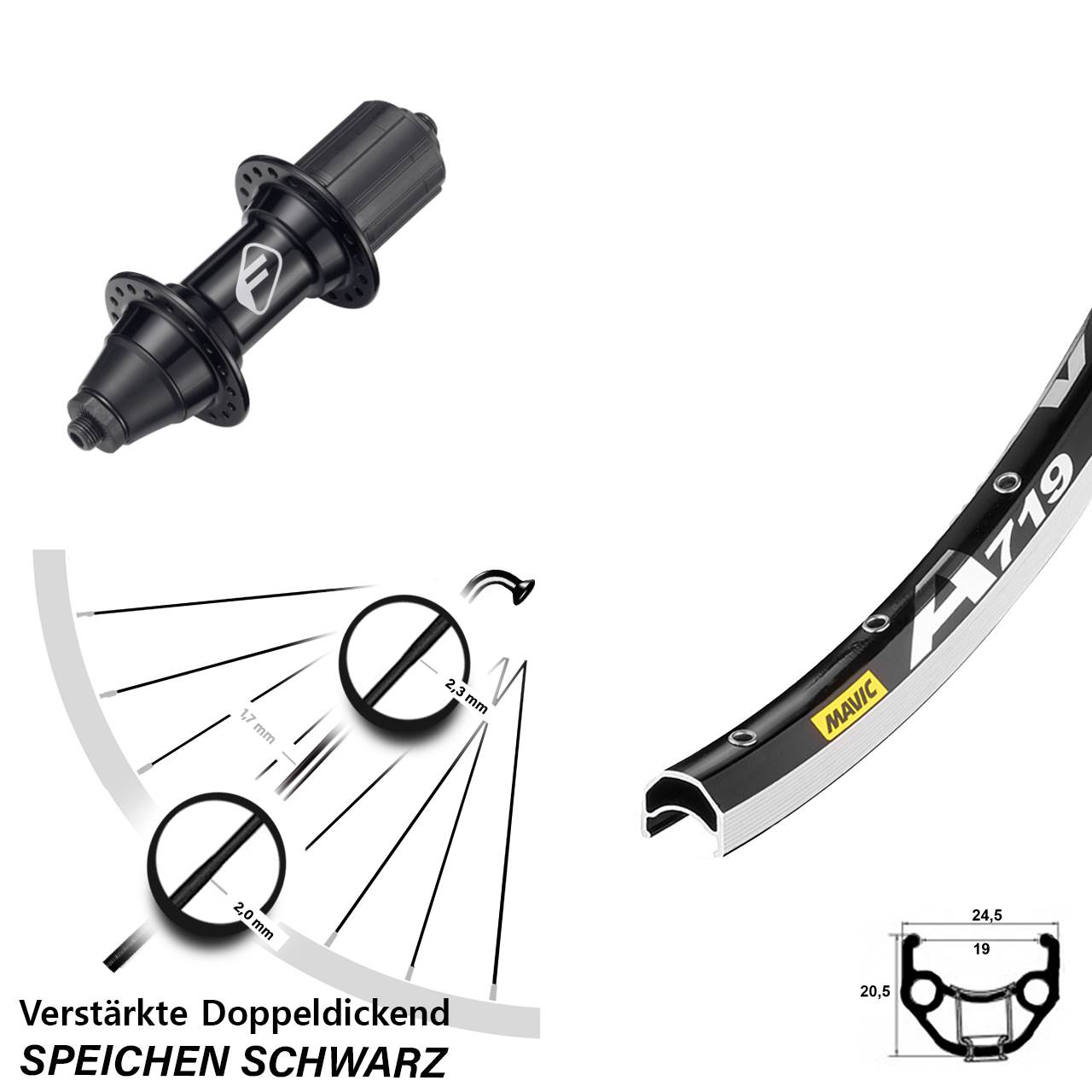 28 Zoll Mavic A719 Formula FM-32 Hinterrad für Schnellspanner 7 fach