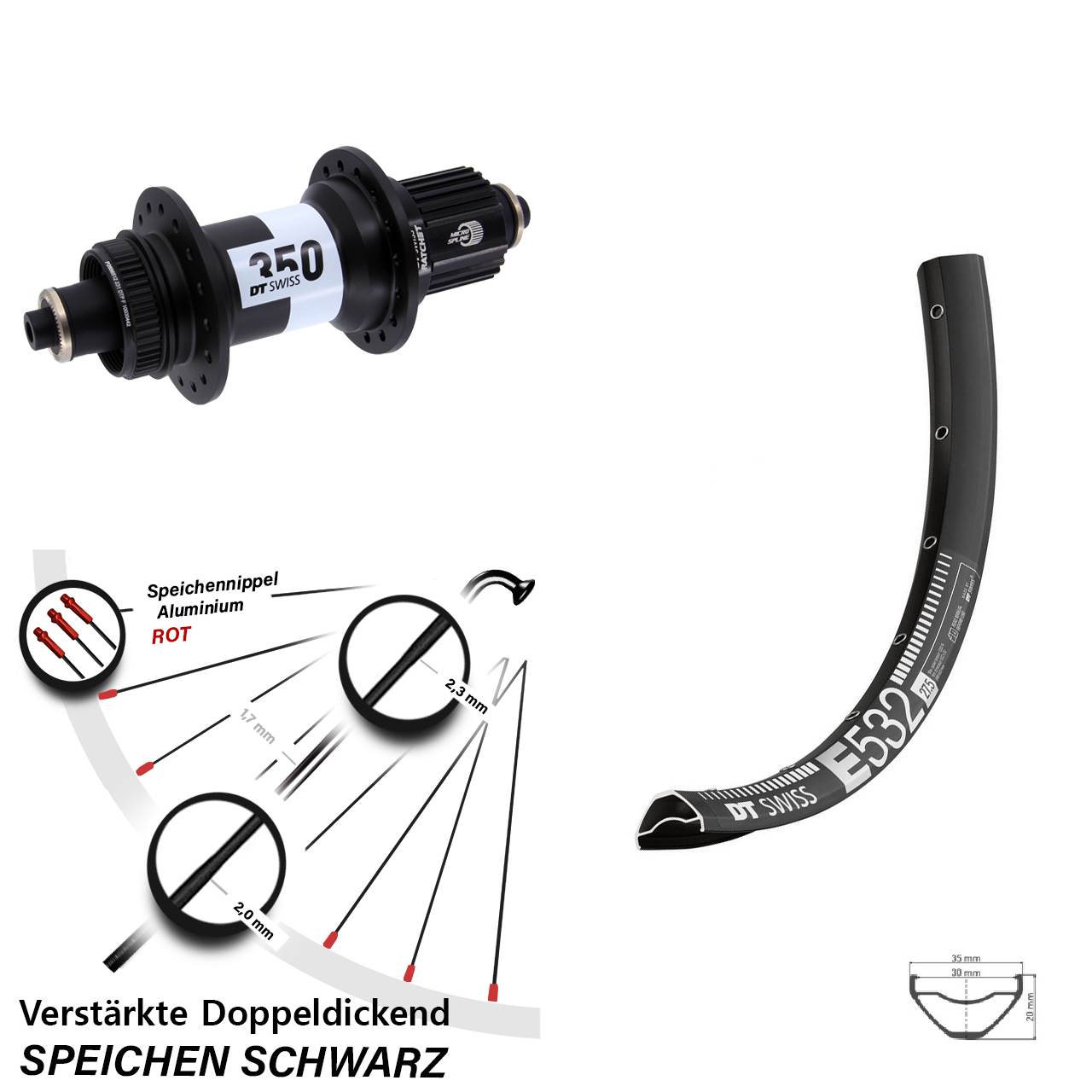 DT Swiss E532-350 Ratchet 36 29 Zoll Hinterrad für Schnellspanner Micro Spline