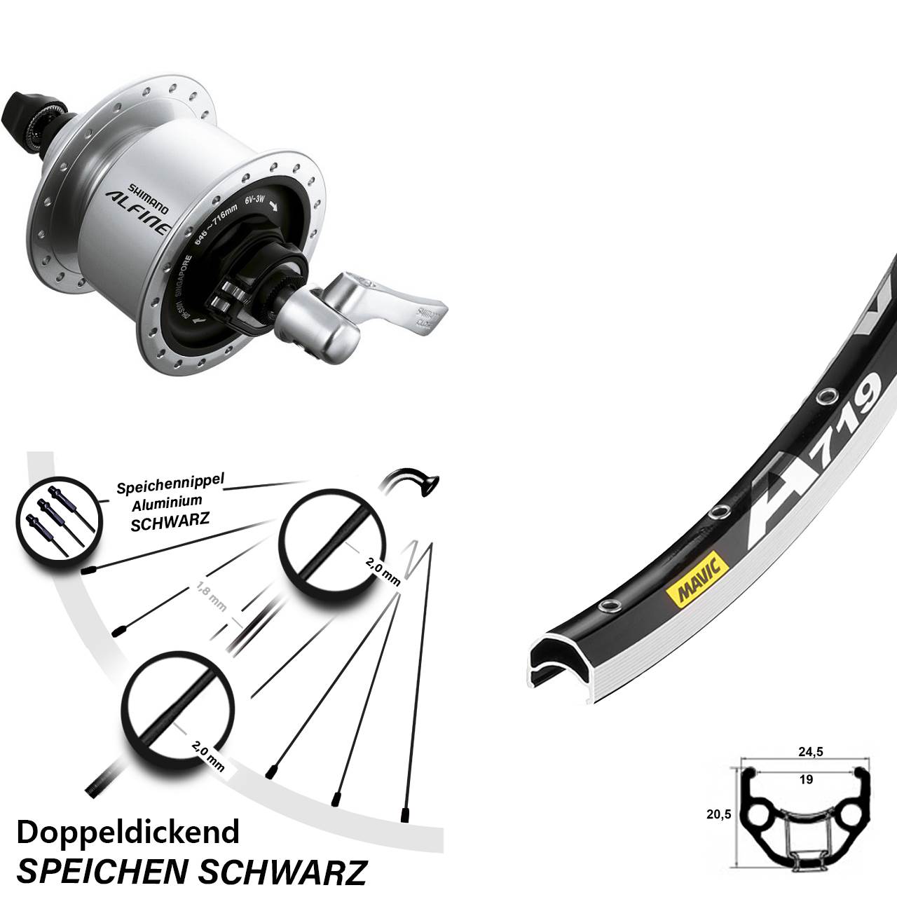 Nabendynamolaufrad Shimano Alfine Mavic A719 28 Zoll