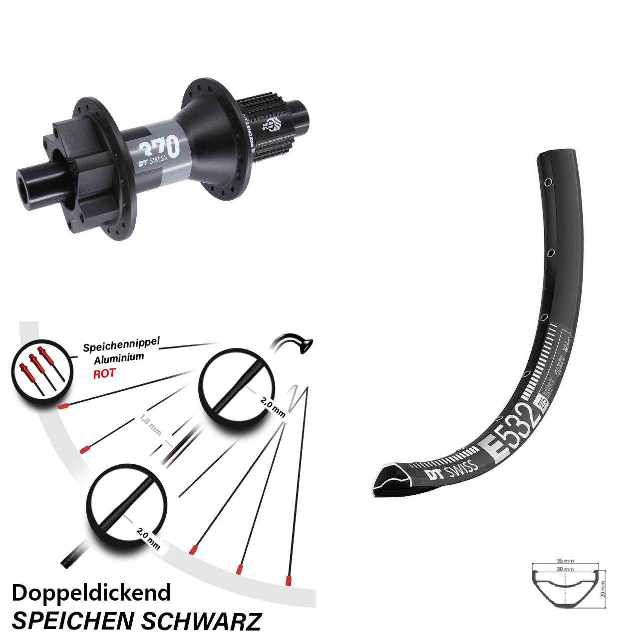 27,5 Zoll Hinterrad DT Swiss E 532 370 6-Loch Micro Spline 12x148