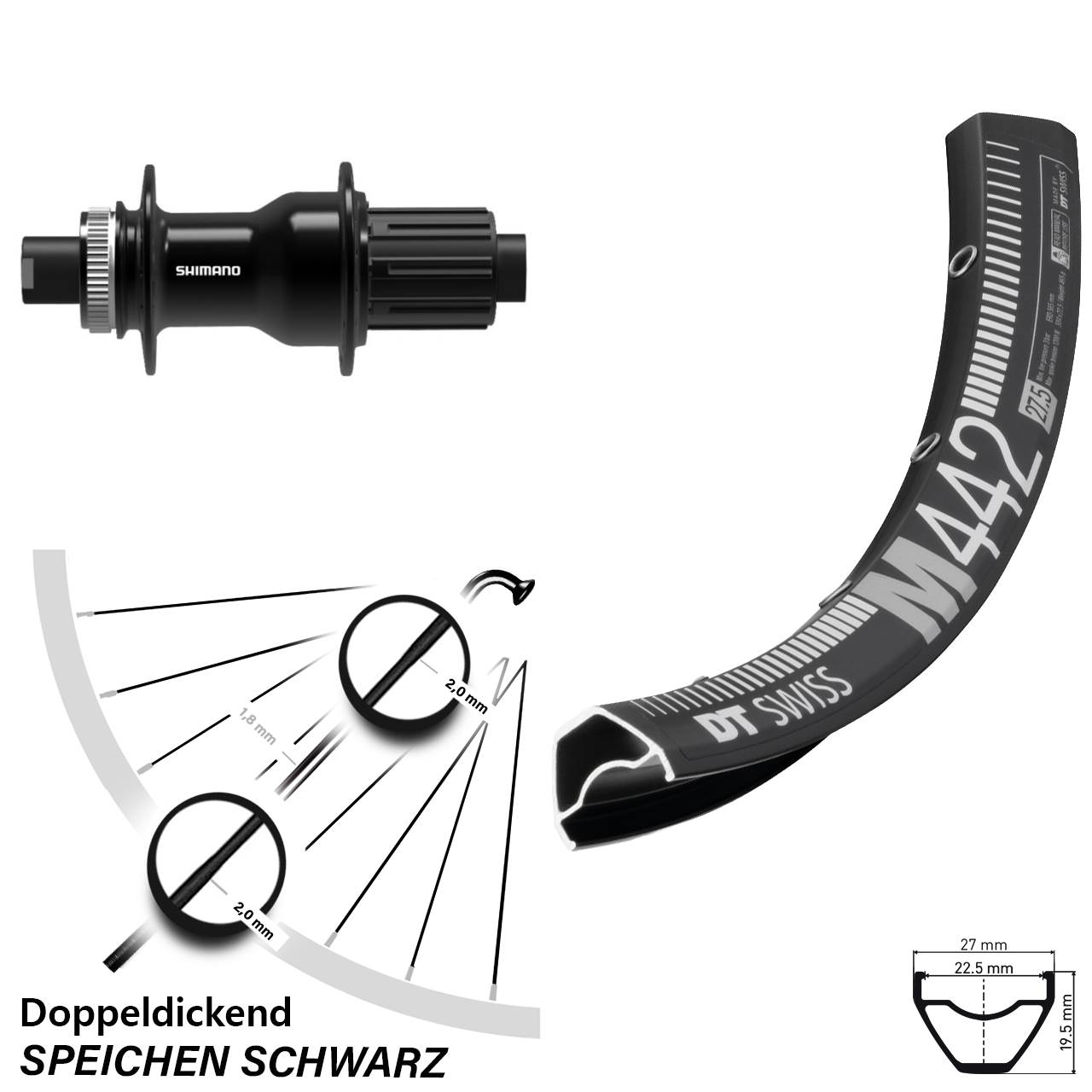 DT Swiss M442 Shimano FH-TC500 28-29 Zoll Hinterrad Centerlock 12x142 11-12 fach