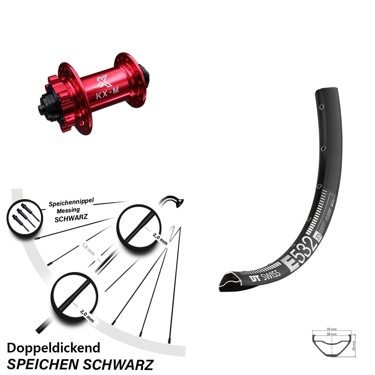 KX-M Nabe rot-eloxiert 5x100 mm DT Swiss E 532 Vorderrad 29 Zoll für 6-Loch
