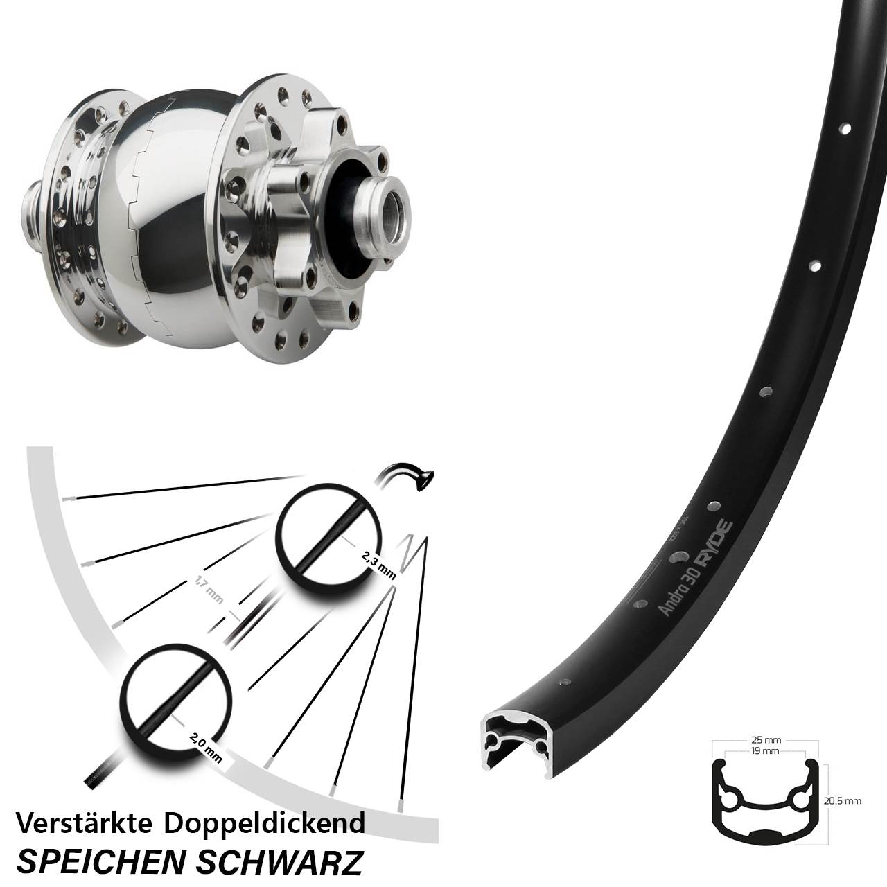 Ryde Andra 30 Disc SON 28 Zoll Dynamo-Vorderrad 6-Loch 12x100