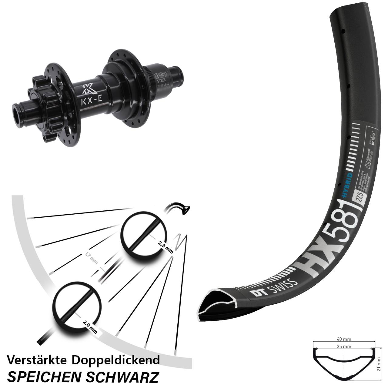 DT Swiss HX581 KX-E Stahl Freilauf 27,5 Zoll 6-Loch Hinterrad 12x148 Boost XD 11-12 fach