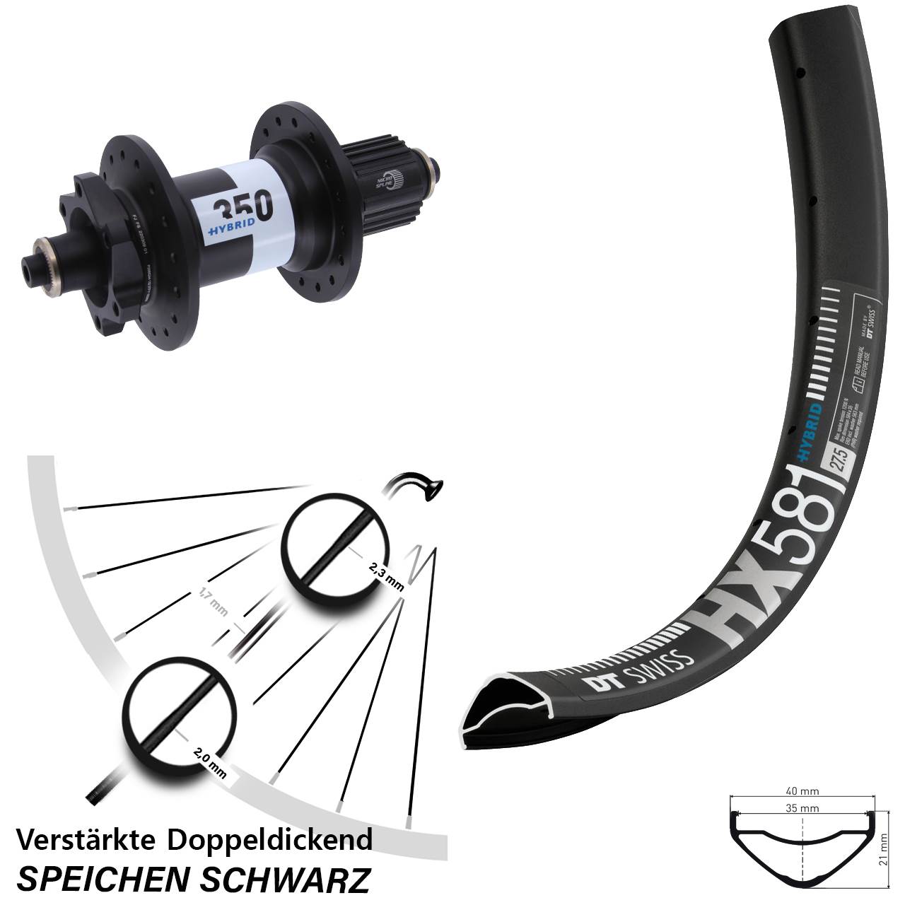 27,5 Zoll DT Swiss HX581-350 Hybrid Hinterrad für Schnellsp. Micro Spline