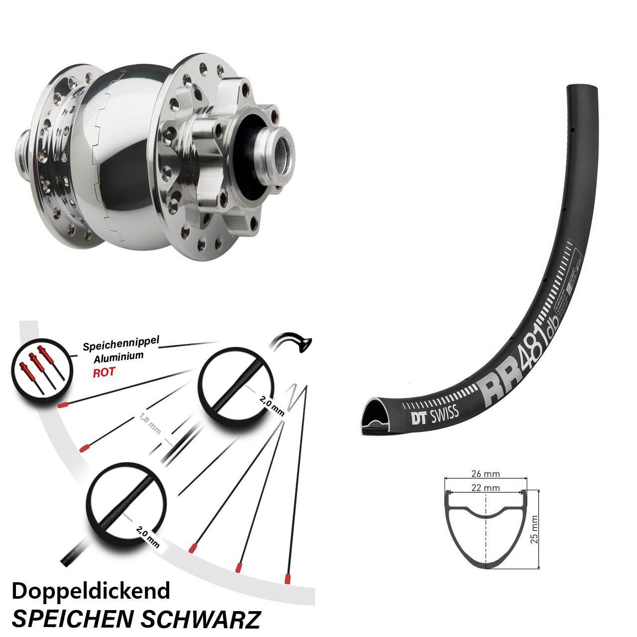 28 Zoll Vorderrad mit Nabendynamo DT Swiss RR 481 Son 28-12 silbern poliert Steckachse