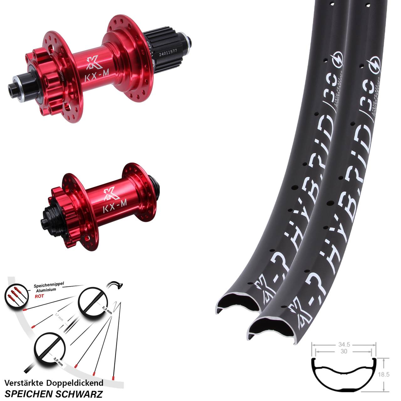 6-Loch Laufradsatz QR 29 Zoll KX-MR Hybrid 30 rot Shimano Micro Spline