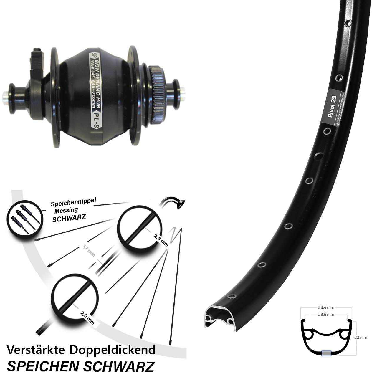 Nabendynamo-Vorderrad Centerlock 27,5 Zoll Ryde Rival 23 Shutter PL-8 QR