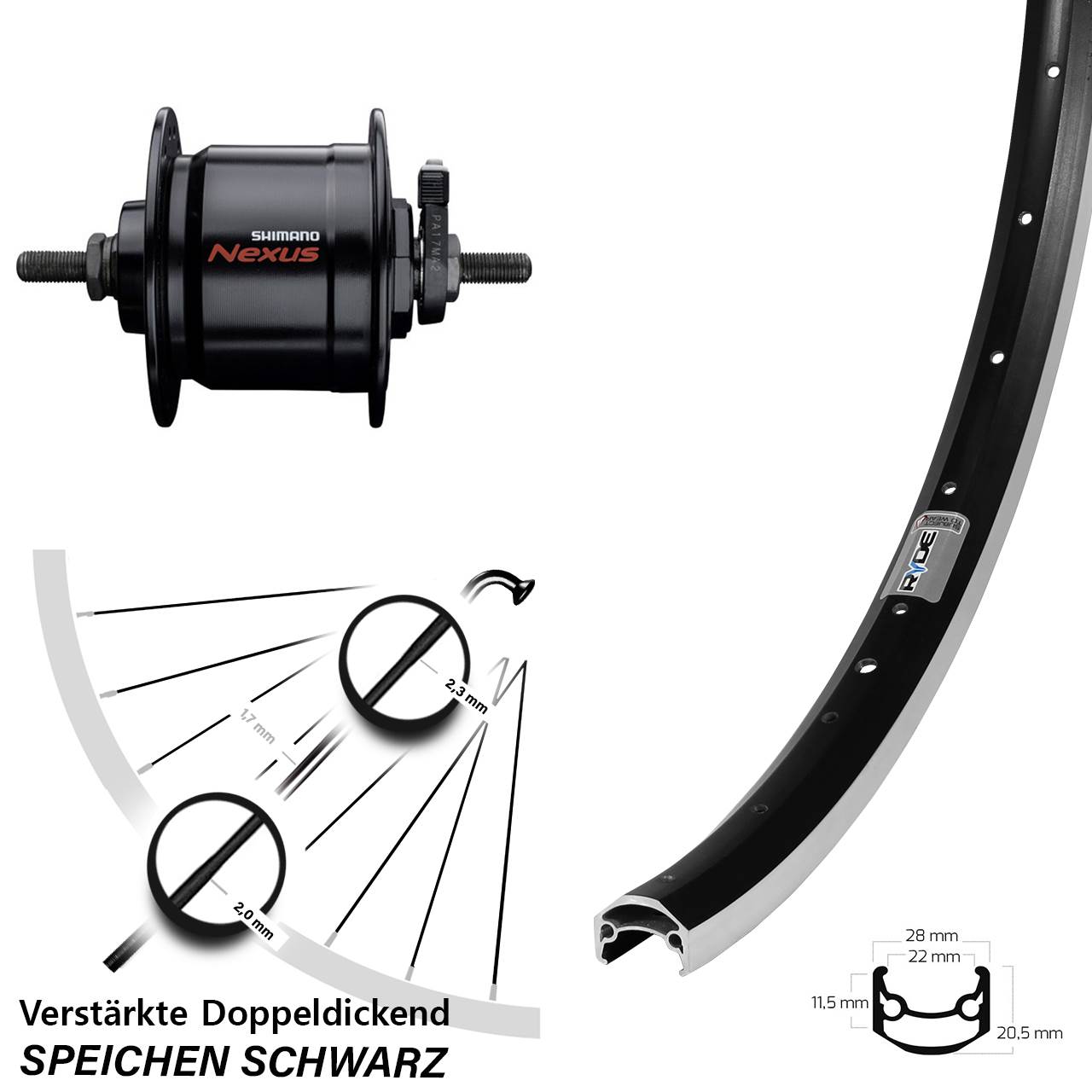 27,5 Zoll Ryde Andra 35 Shimano Nexus DH-C3000-3N Dynamo-Vorderrad Vollachse