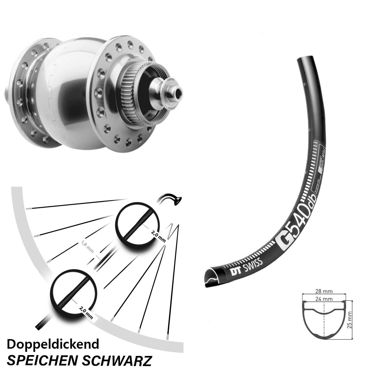 27,5 Zoll DT Swiss G540 SON 28 Dynamo-Vorderrad Centerlock für Schnellspanner