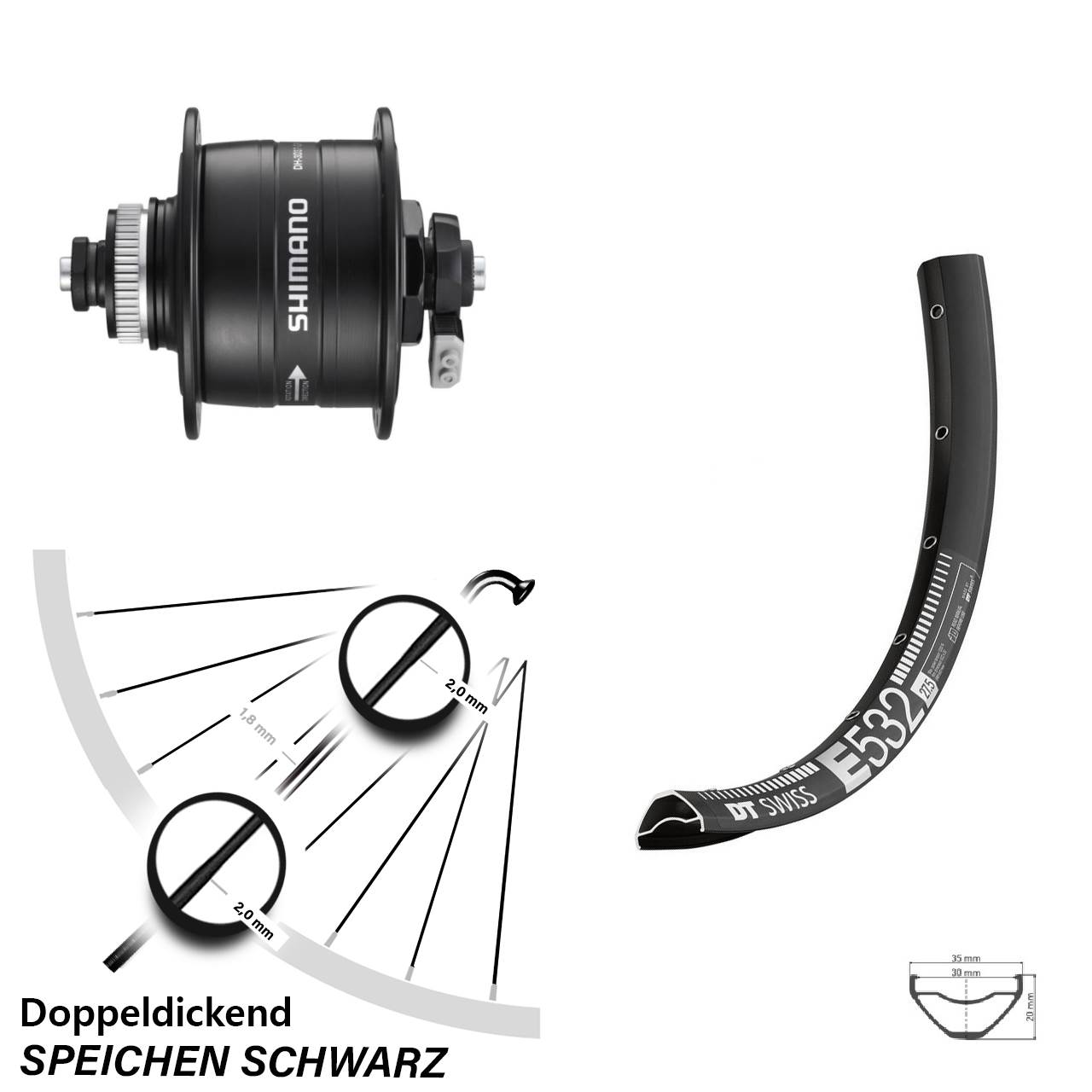 DT Swiss E532 Shimano DH-3D37 27,5 Zoll Disc Laufrad mit Nabendynamo QR