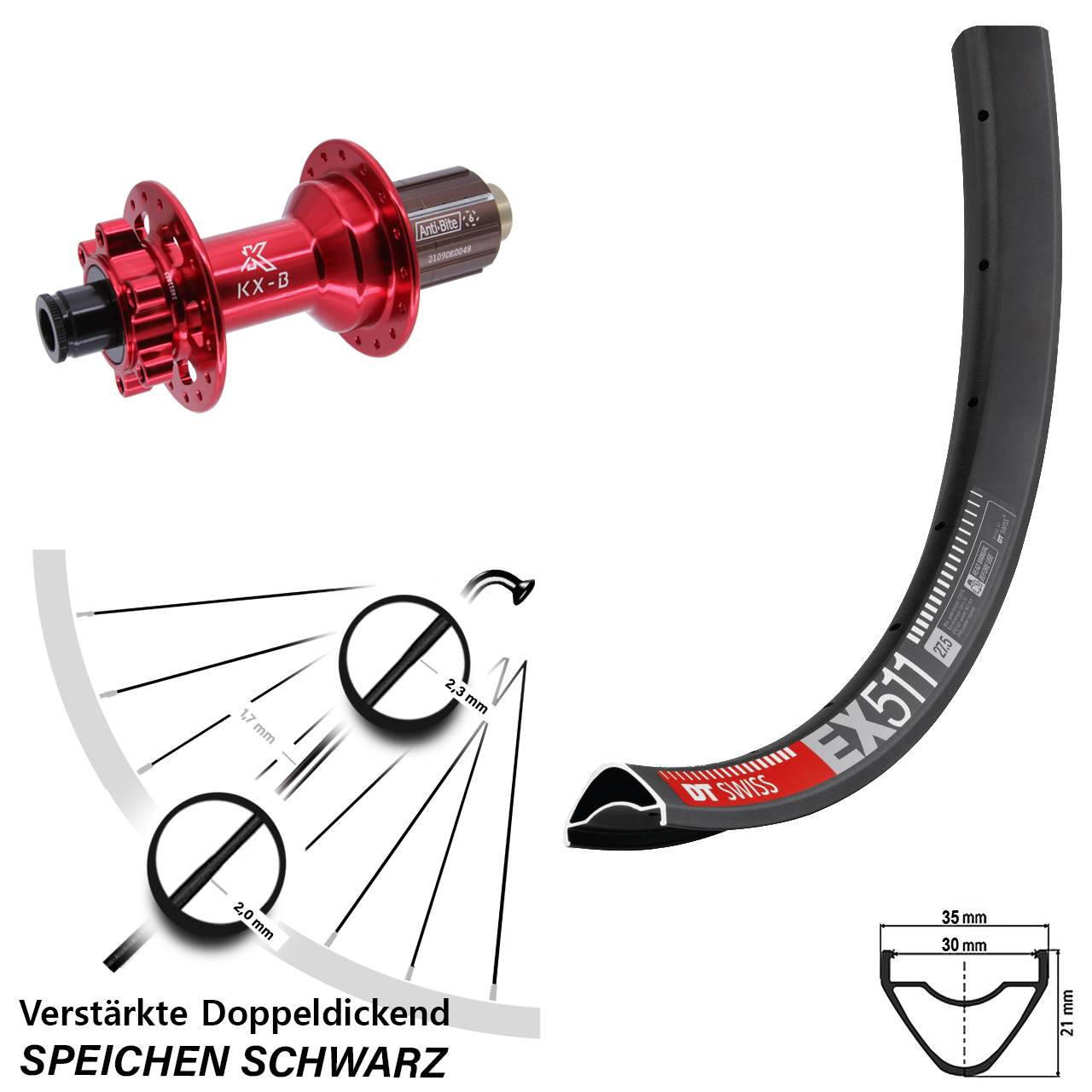 Disc Hinterrad 29 Zoll DT Swiss EX511 KX-B rot 8-12 fach 12x148 Boost