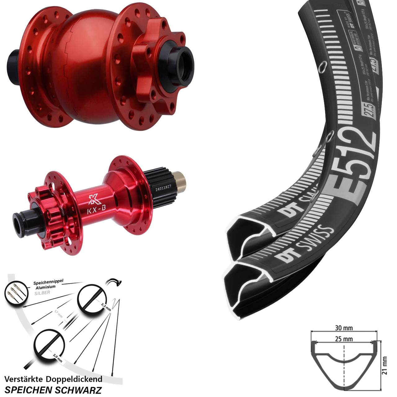 Disc Laufrad-Satz 15x110 12x148 29 Zoll DT Swiss E 512 KX-B rot SON 28 Shimano Micro Splin