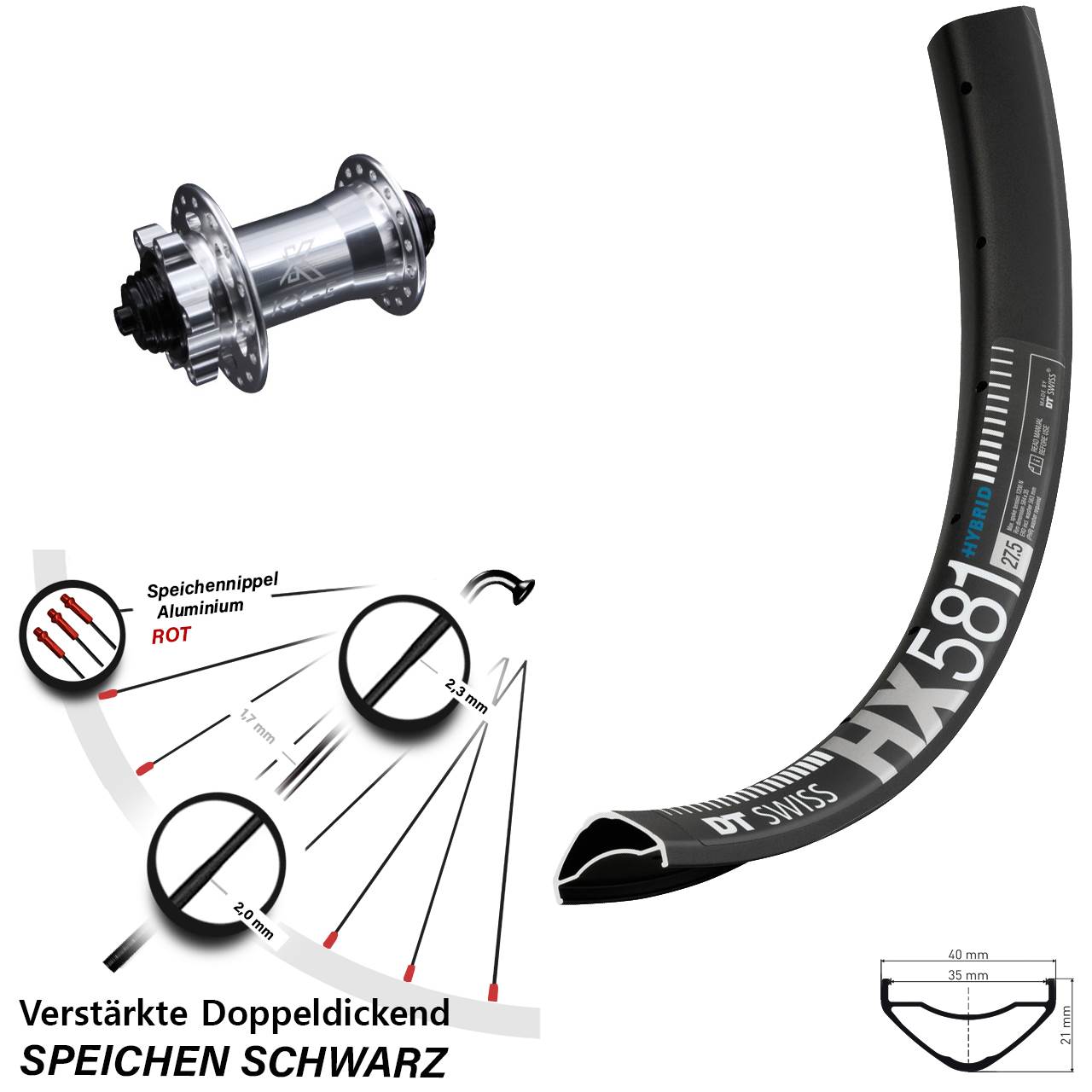 Disc Vorderrad für Schnellspanner 27,5 Zoll DT Swiss HX 581 KX-E