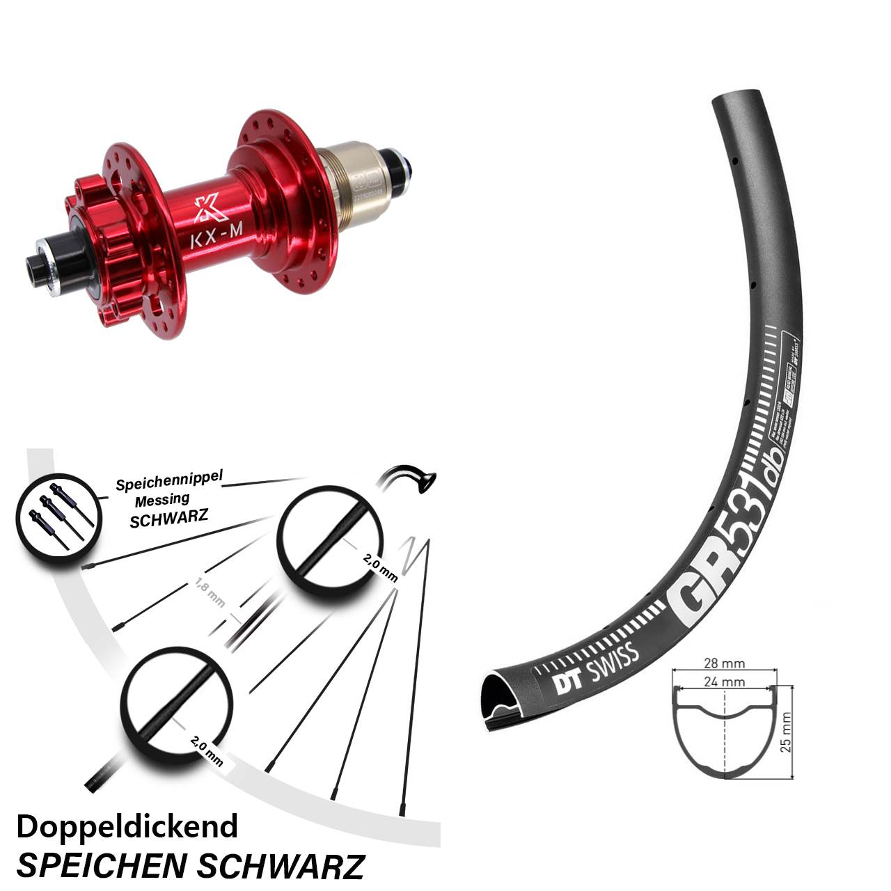 28 Zoll DT Swiss GR531 KX-M rot 6-Loch Hinterrad für Schnellspanner XD 11-12 fach