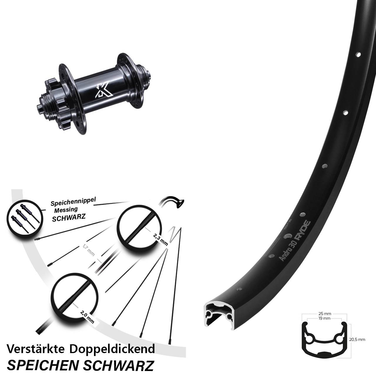 Vorderrad 6-Loch 28-29 Zoll Ryde Andra 30 Disc KX-M QR schwarz