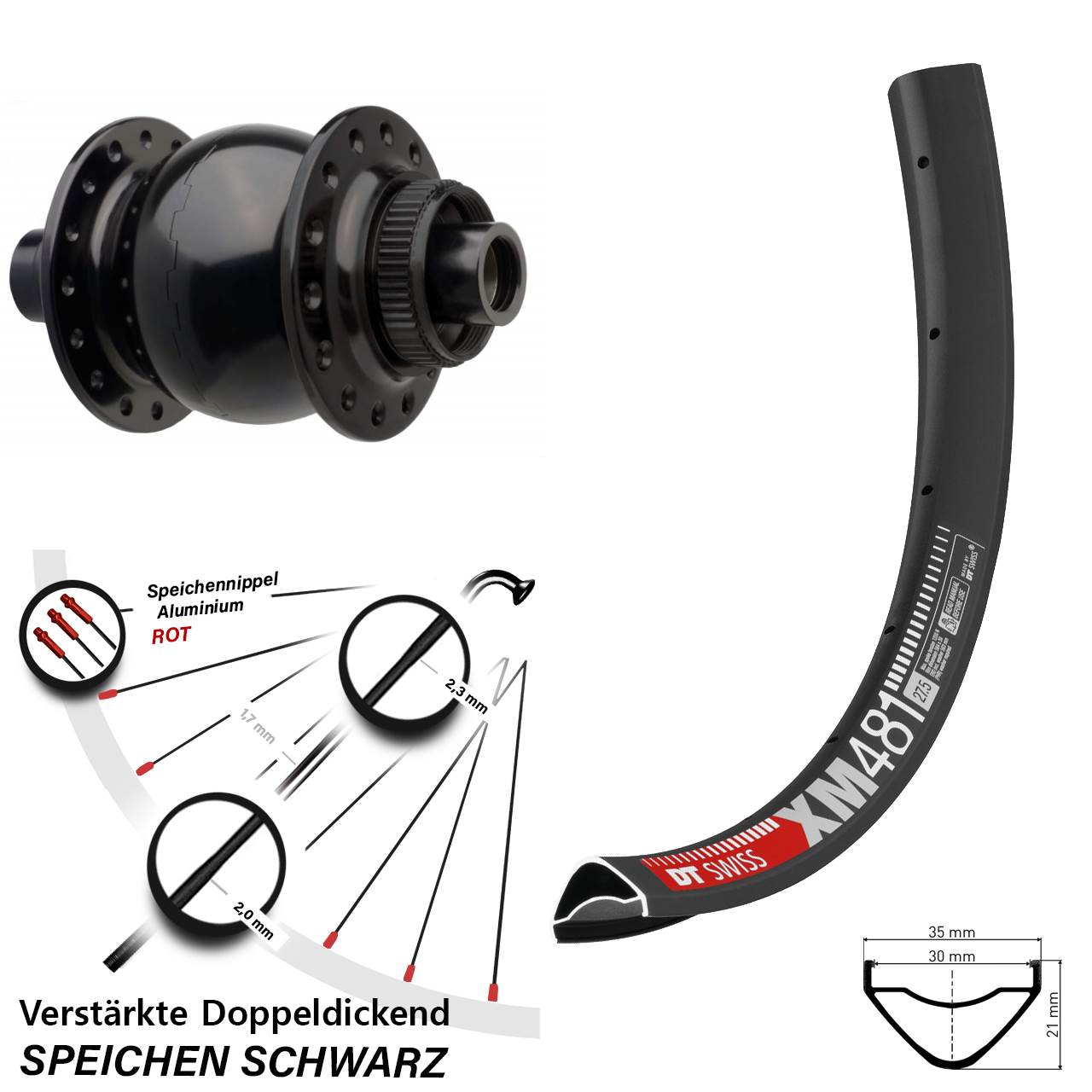 Vorderrad Dynamo DT Swiss XM 481 Disc SON 28-15 110 Boost schwarz