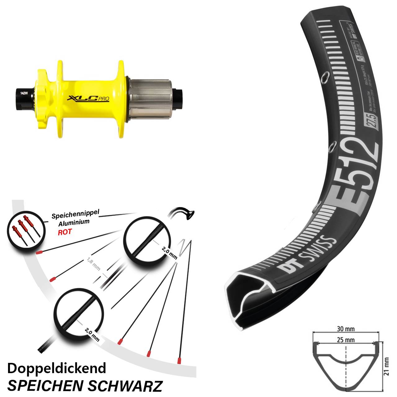 DT Swiss E 512 XLC gelb 27,5 Zoll Disc Hinterrad 12x142 8-11 fach