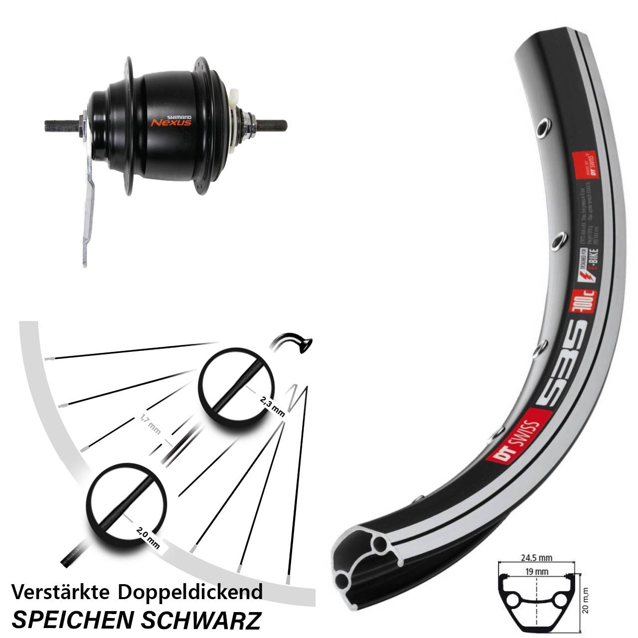 28 Zoll Hinterrad DT 535 Shimano Nexus 8 Gang mit Rücktrittbremse