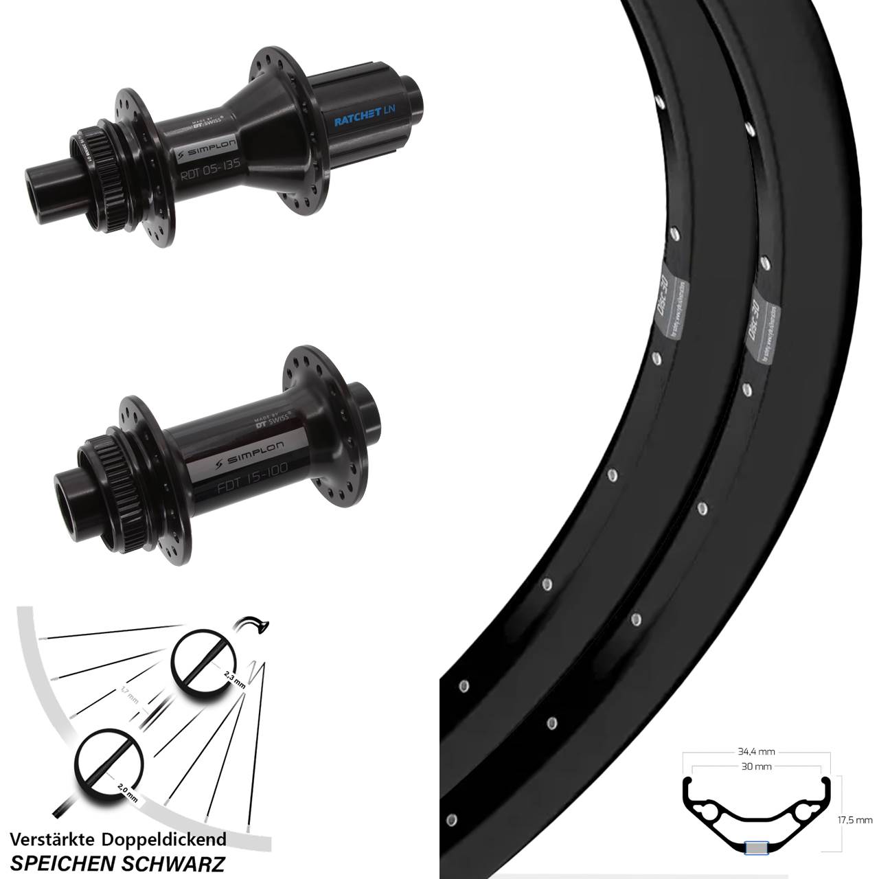 29 Zoll Ryde Disc 30 DT Swiss 370 Hybrid Laufradsatz Centerlock 15x100 12x142 8-11 fach