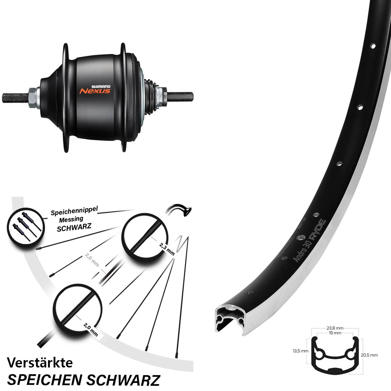 26 Zoll Hinterrad Shimano Nexus 8 Gang Freilauf Ryde Andra 30 schwarz