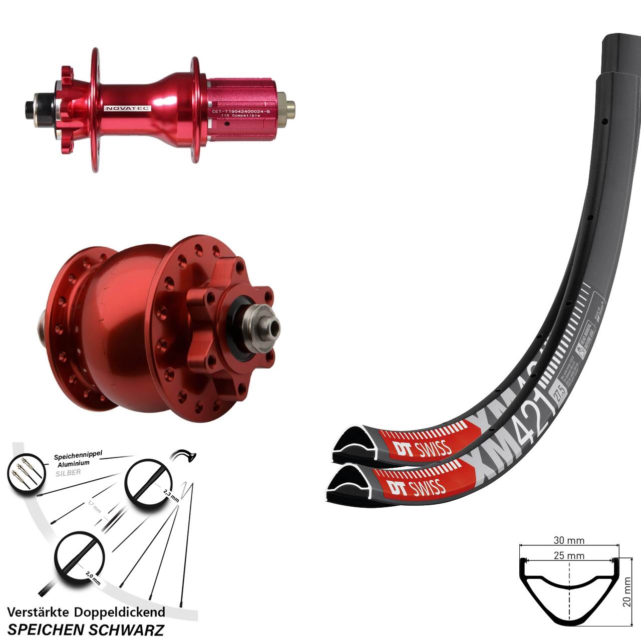 Disc Laufrad-Satz 29 Zoll DT Swiss XM421 Novatec D792 SON 28 rot 8-12 fach HG QR